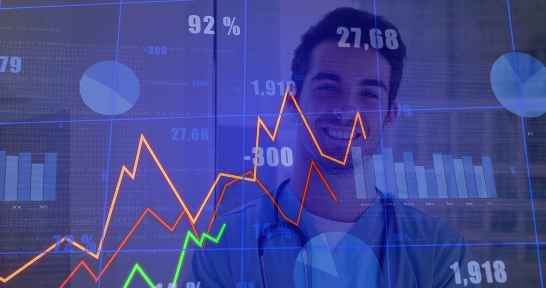 Doctor Analyzing Medical Data with Digital Charts in Background