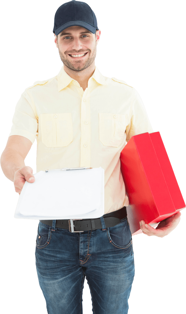 Transparent Smiling Courier Giving Document for Signature