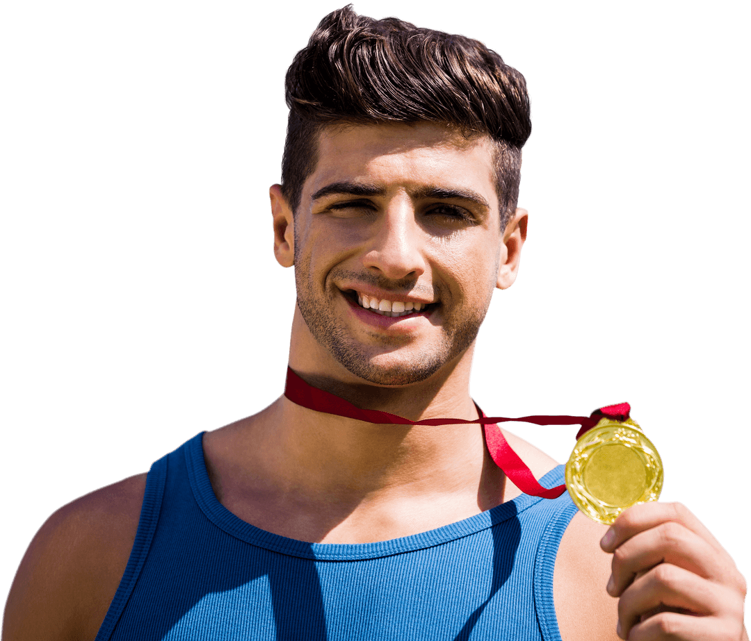 Caucasian Athlete Smiling Holding Gold Medal on Transparent Background