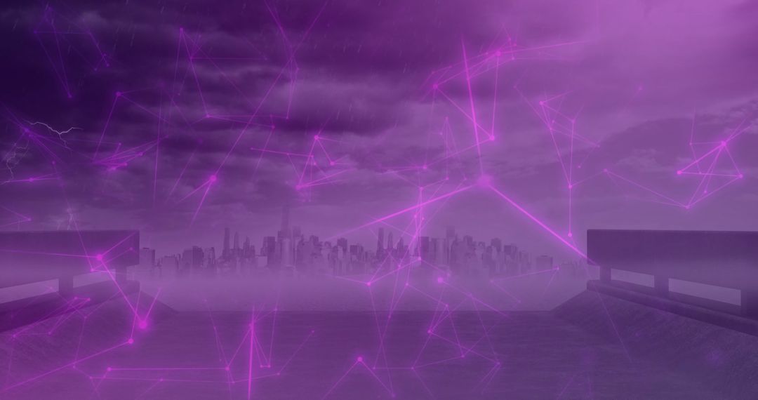 Futuristic Cityscape With Digital Network Grid in Purple Glow