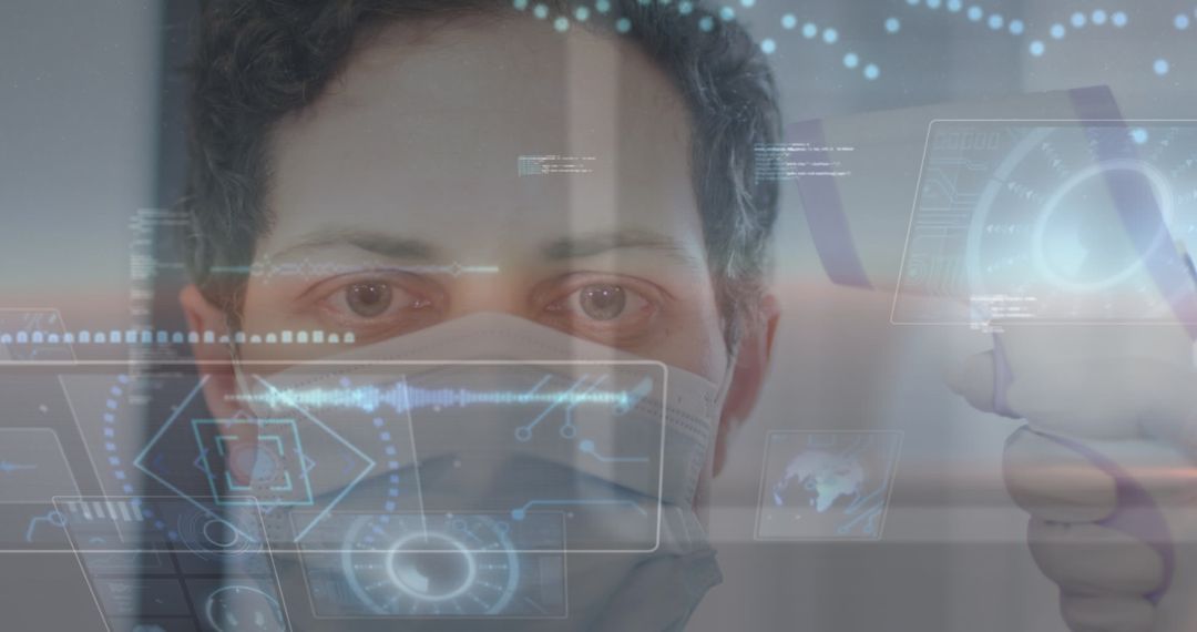 Caucasian Man Wearing Facemask with Futuristic Technology Interface