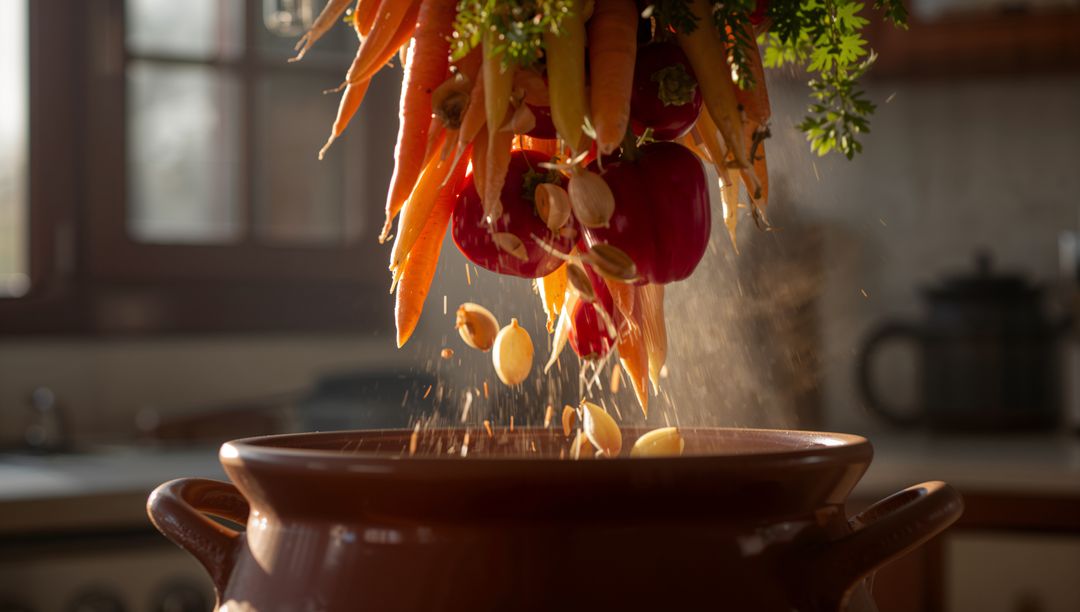 Sunlit Rustic Carrots and Cherry Tomatoes Dropping Seeds into Earthenware Pot by Window