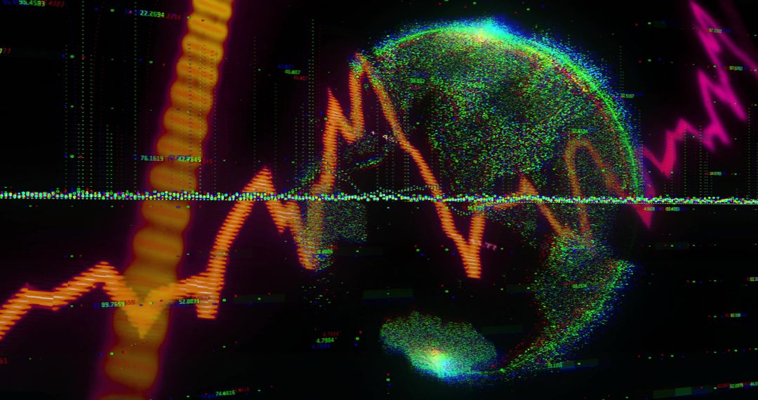 Futuristic Digital Globe with Glitch-Art and Data Graph