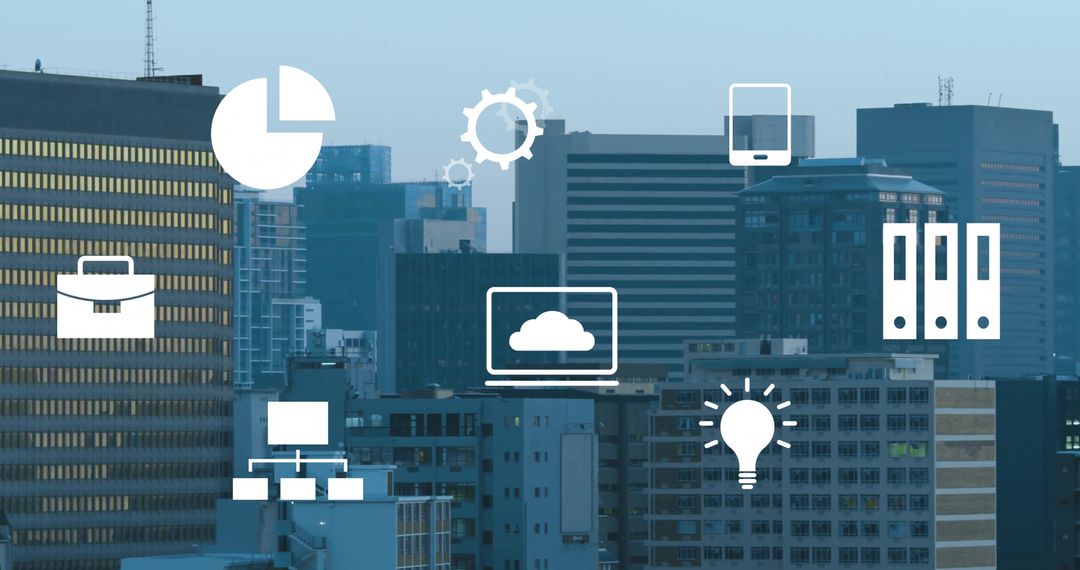 Urban Cityscape with Financial Data Icons Overlay