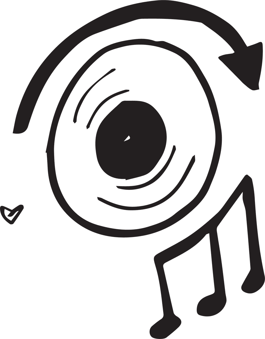 Black Arrow with Musical Icons on Transparent Background