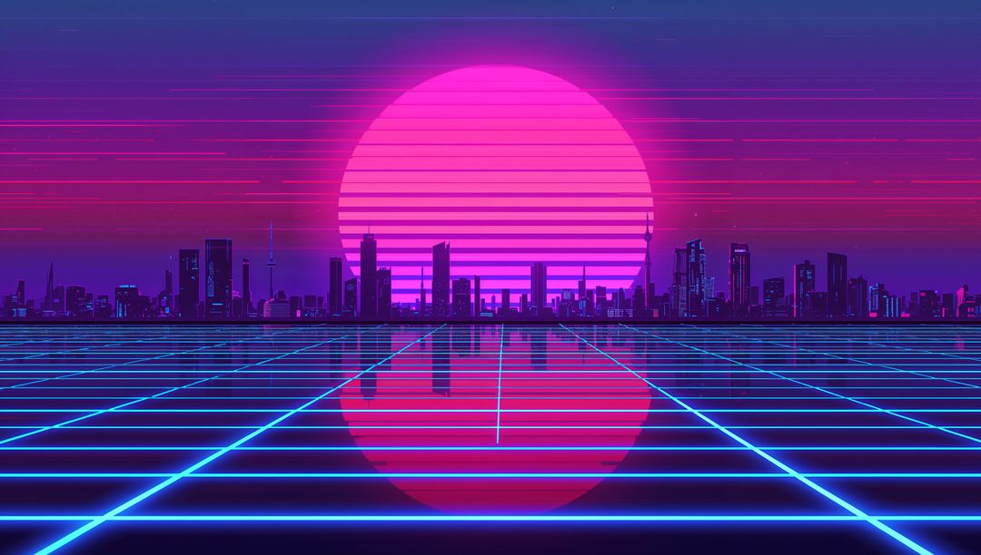 Glowing magenta sun reflecting over neon cyan grid with futuristic skyline at dusk
