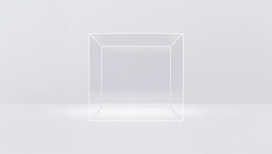 Floating Translucent Wireframe Cube with Glowing Edges on Minimal White Background