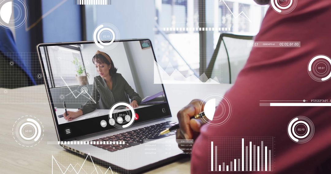 Digital Interaction: Businessman in Virtual Meeting Analyzing Data Graphics