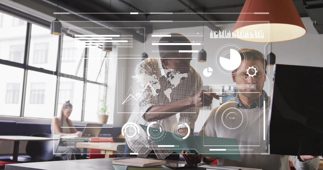 Analytics Team Collaborating with Holographic Display in Modern Office
