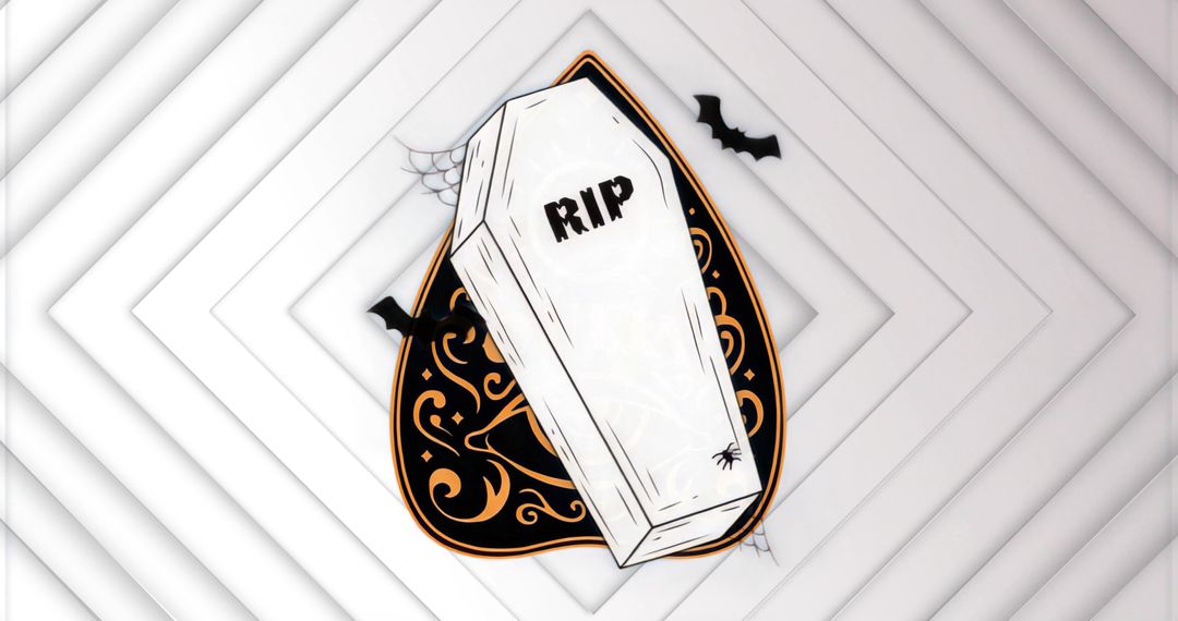 Floating RIP Coffin on Ornate Black Orange Gothic Backdrop with Bats Spiders and Webs