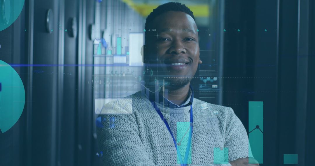 IT Engineer Overseeing Data Visualization in Server Room