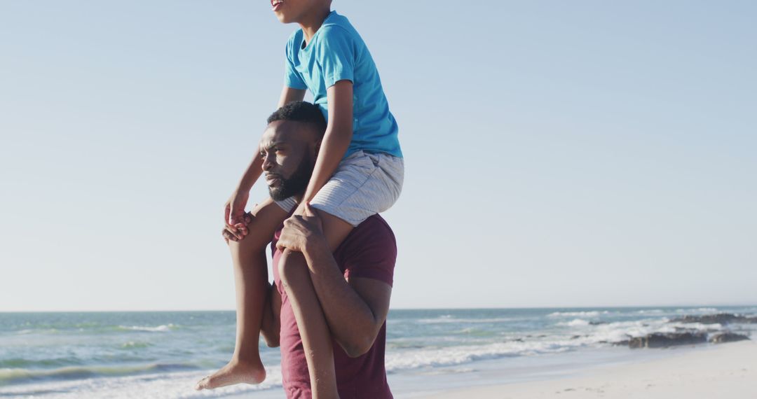 Father Carrying Son on Shoulders at Beach During Sunny Day - Free Images, Stock Photos and Pictures on Pikwizard.com