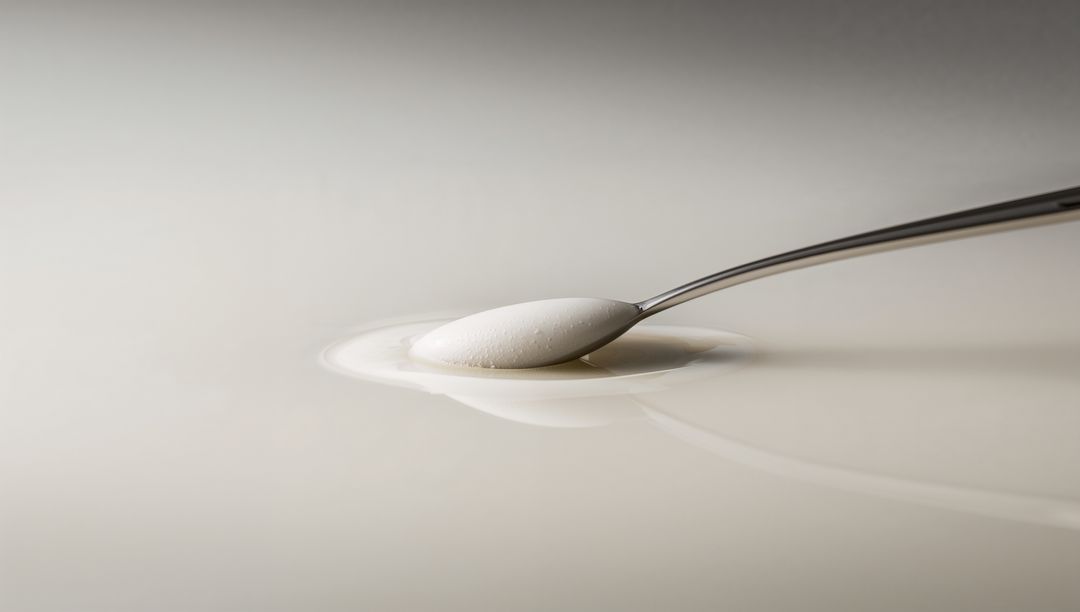 Minimalist Teaspoon Resting on Creamy Surface Creating Soft Ripple and Glossy Reflection