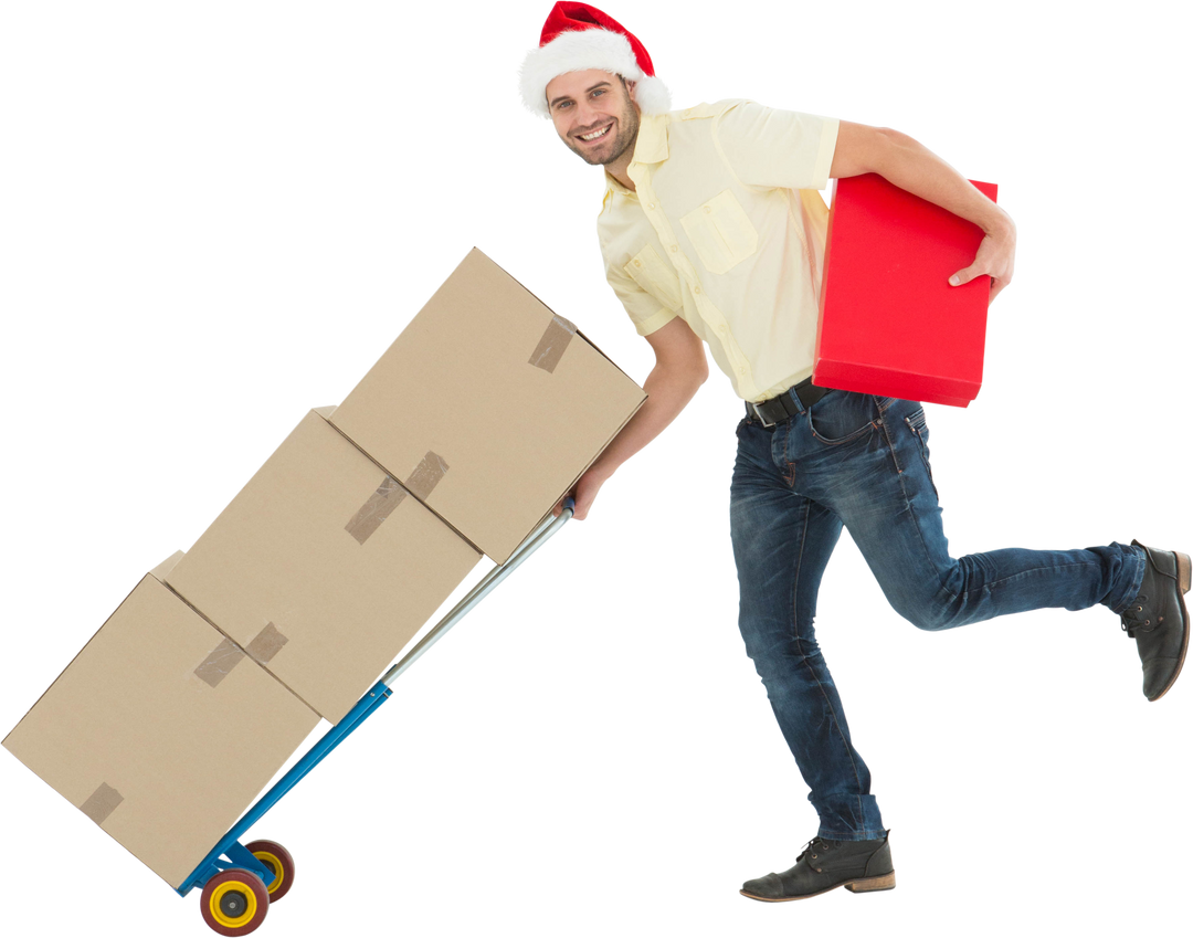 Transparent Delivery Man Pushing Hand Truck in Santa Hat - Download Free Stock Images Pikwizard.com