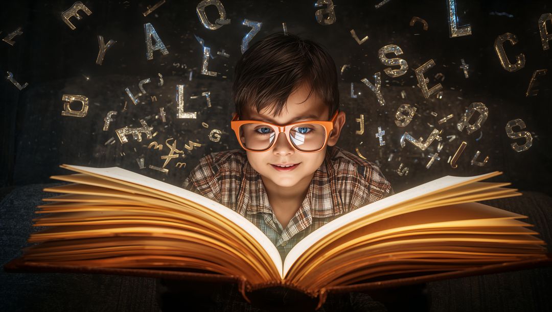 Young Boy Enthralled by Magical Glowing Spellbook