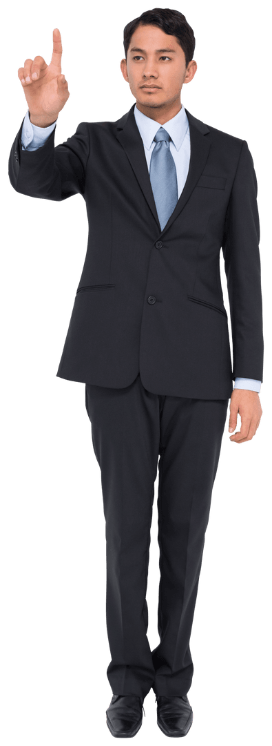 Serious Asian Businessman Showing Index Finger on Transparent Background