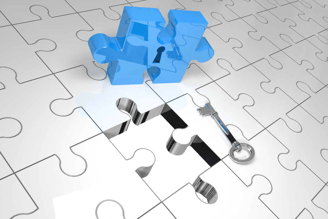 Transparent Puzzle Piece with Keyhole and Key for Entrance Concept