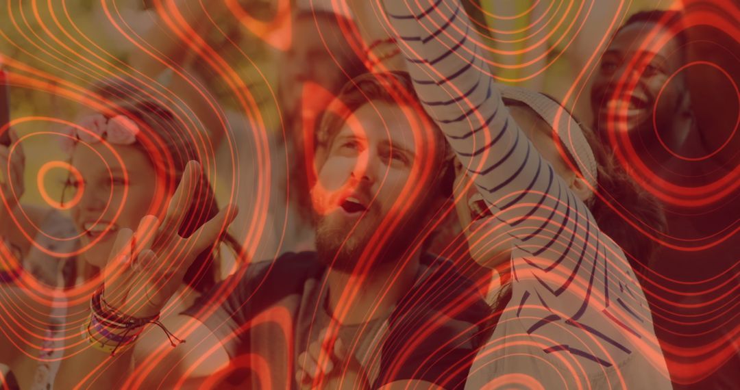 Friends Enjoying Outdoor Music Festival with Abstract Patterns