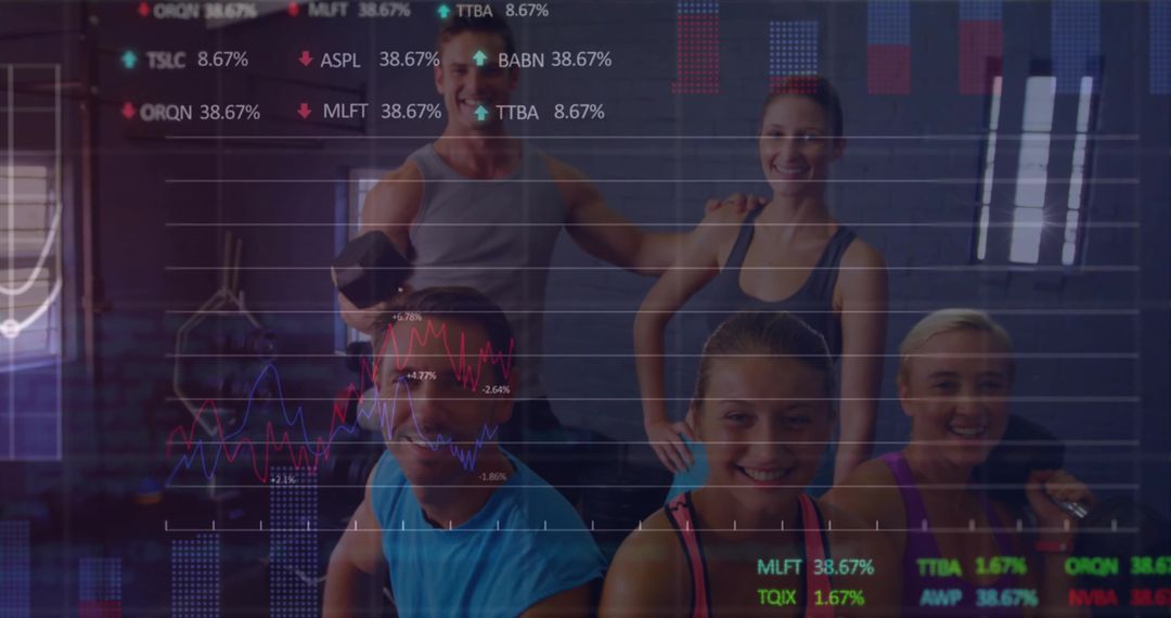 Fitness Group Posing and Smiling with Dumbbells in Gym with Analytics Overlay