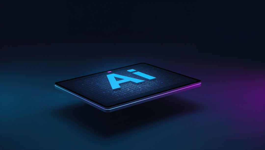 Floating tablet showing cyan AI on dark circuit grid with neon cyan and magenta rim