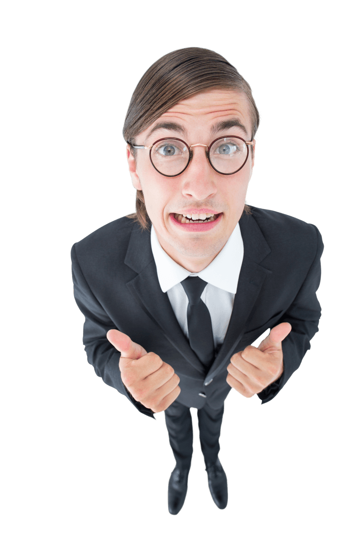 Transparent Geeky Businessman with Positive Thumbs Up Gesture
