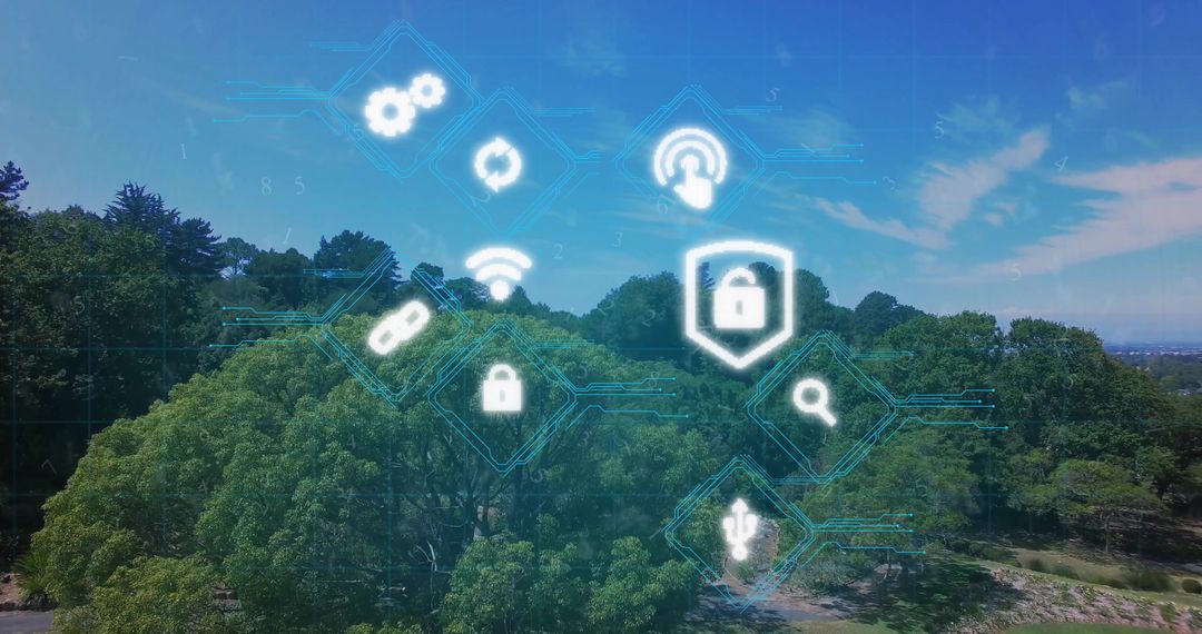 Digital Network Security Icons Overlaying Lush Forest Landscape