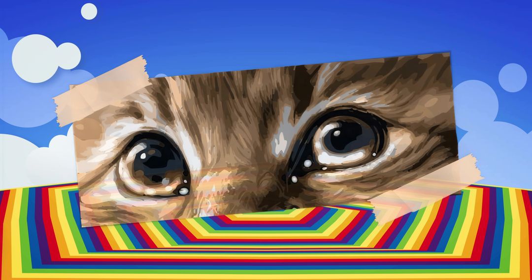 Floating Cat Eyes Taped Canvas Hovering Above Rainbow-Striped Platform