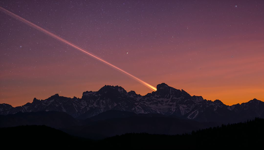 Meteor Streaking Over Snow-Capped Jagged Mountains at Twilight with Starry Violet Sky