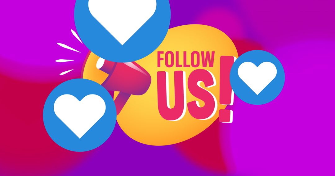 Follow Us Call to Action with Heart Icons on Abstract Colorful Background