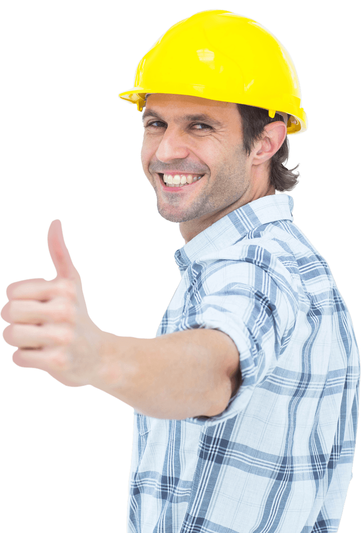 Smiling Construction Worker in Hard Hat Giving Thumbs Up on Transparent Background