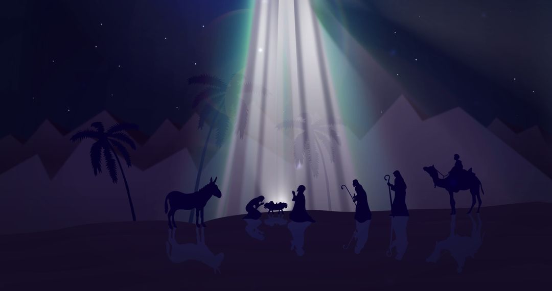 Digital Nativity Scene with Glowing Lights and Silhouettes