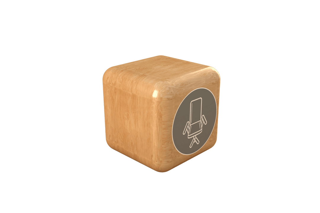 Transparent Cube Displaying Office Chair Icon on Wooden Texture