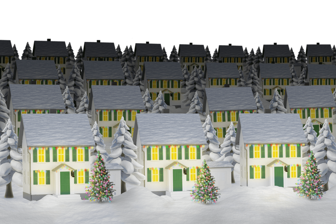 Seamless Winter Houses Pattern on Transparent Background