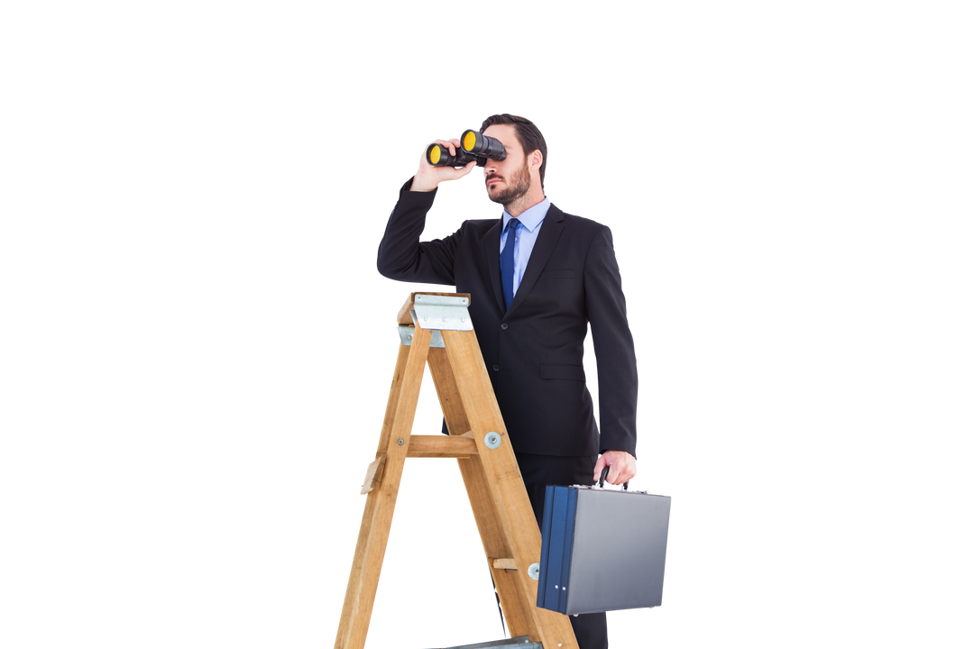 Transparent Businessman on Ladder Holding Briefcase and Binoculars - Download Free Stock Images Pikwizard.com