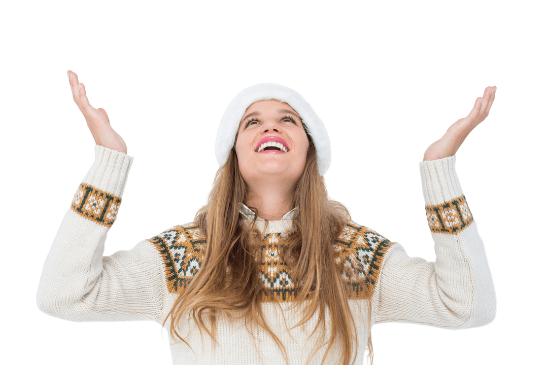 Smiling Woman in Winter Attire with Joyful Expression on Transparent Background