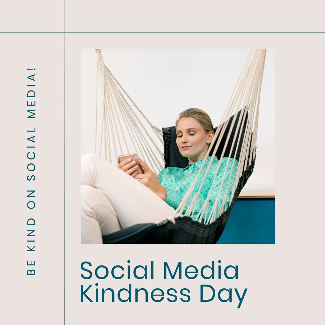 Woman Relaxing on Swing Using Phone for Social Media Kindness Day