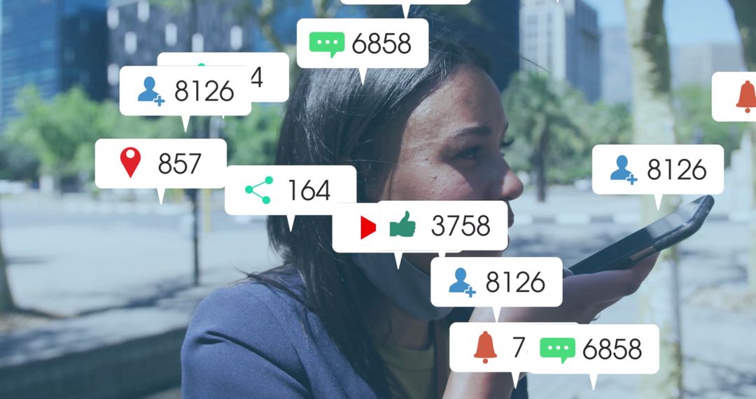 Businesswoman Engaging with Social Media Analytics in Urban Environment