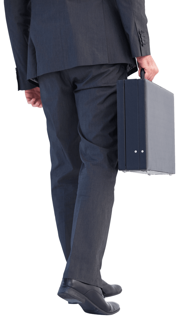 Rear View of Businessman in Suit Holding Briefcase on Transparent Background