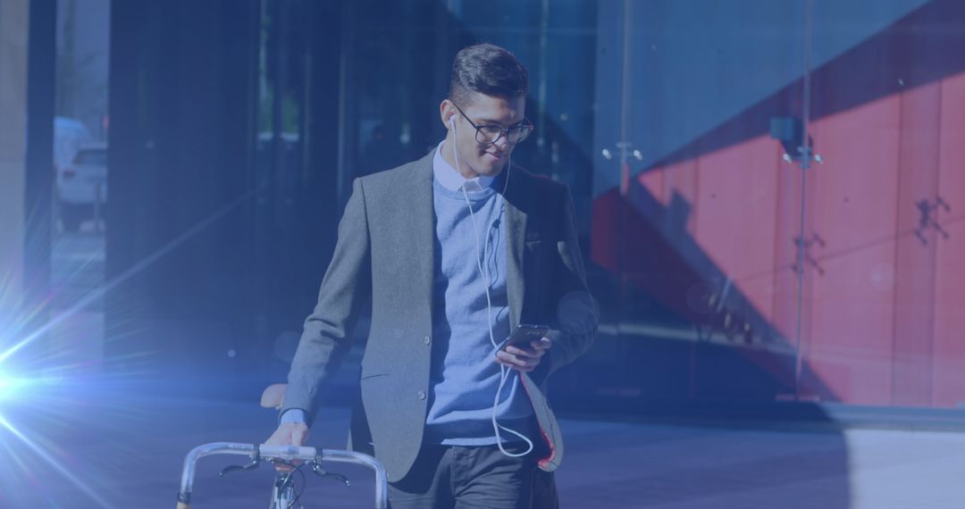 Professional on Bicycle Commuting with Smartphone on Sunny Day