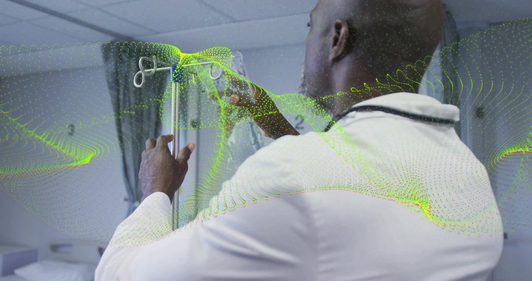 Physician Adjusting IV Pole with Augmented Reality Data Overlay, Medical Technology, AI