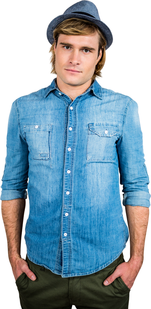 Serious Hipster Guy with Hat and Denim Shirt on Transparent Background - Download Free Stock Images Pikwizard.com