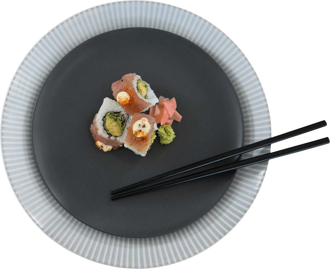 Sushi Rolls with Chopsticks on Black Plate Transparent Background