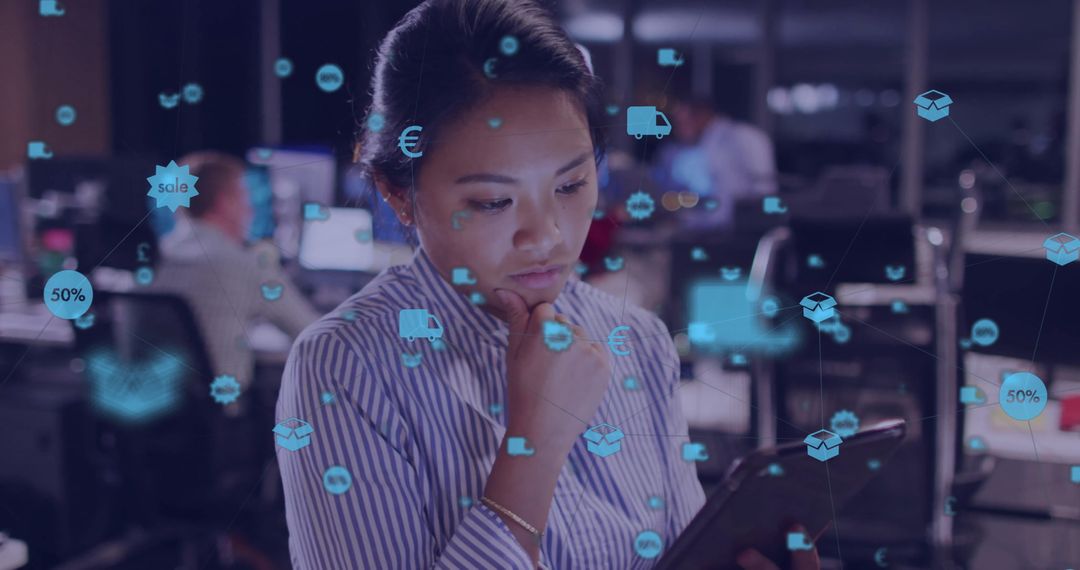 Tech-Savvy Businesswoman Analyzing Data in Modern Office