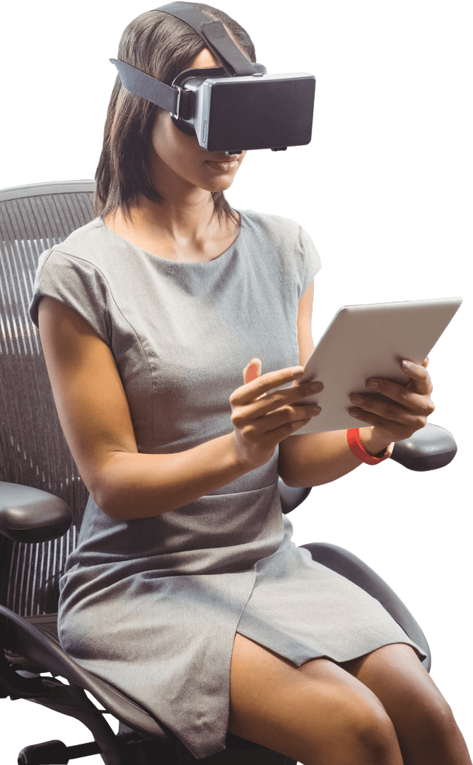 Business Woman Experiencing Virtual Reality with Tablet, Transparent Background