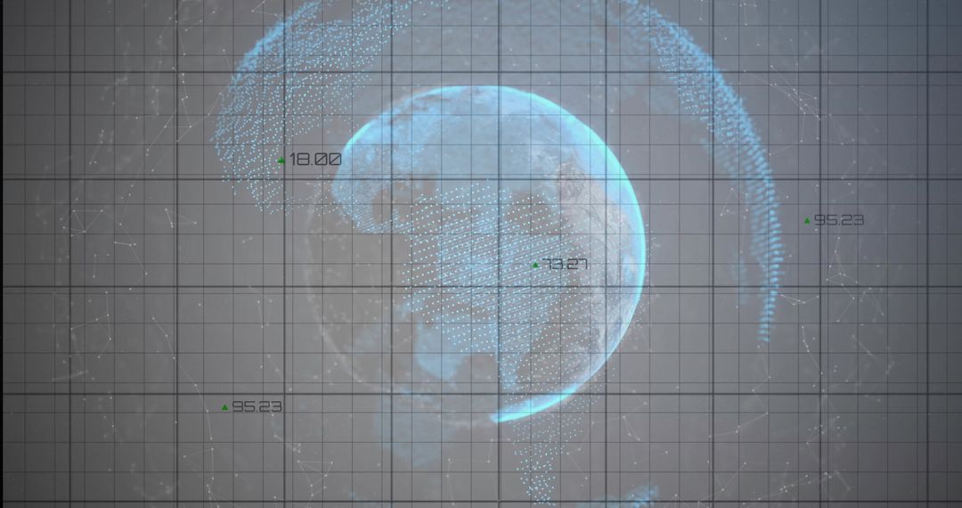 Holographic globe pulsing cyan over grid with telemetry overlays and futuristic data arcs
