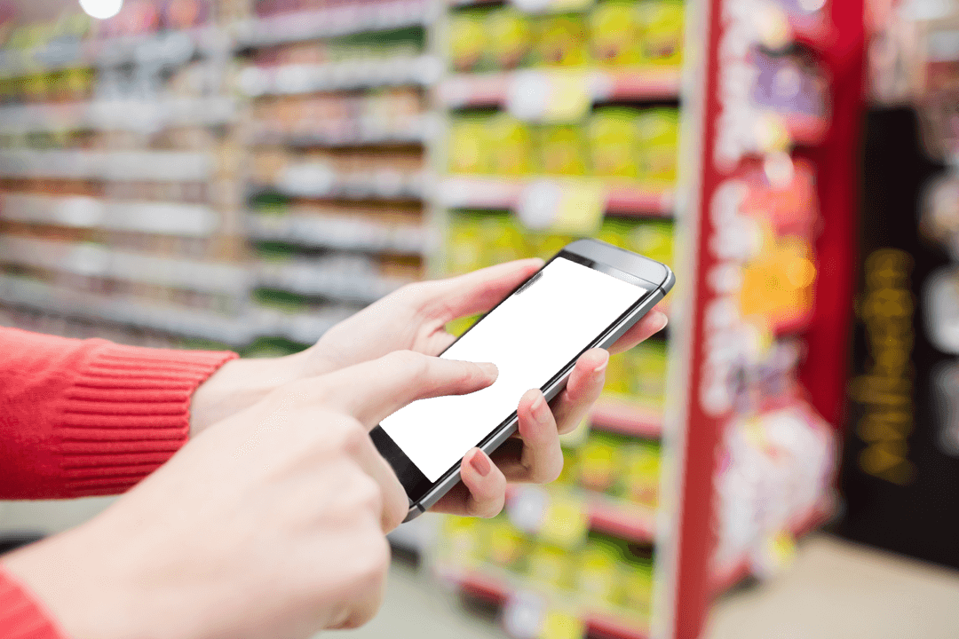 Transparent Phone Screenshot in Supermarket Aisle