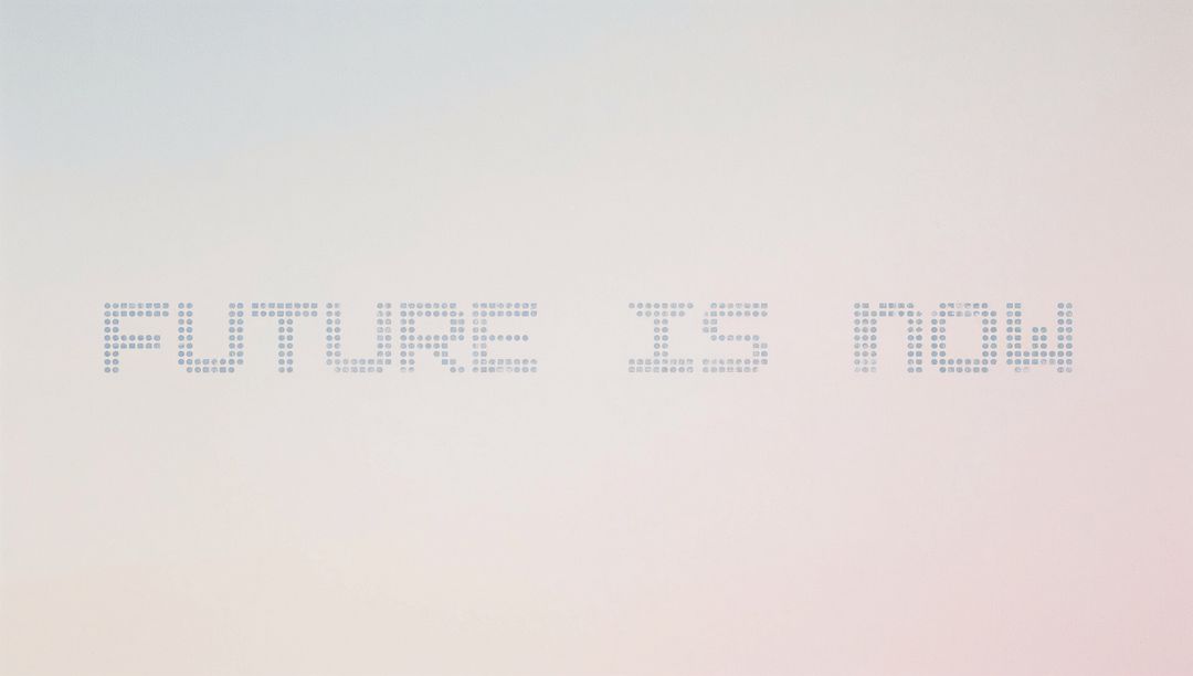 FUTURE IS NOW dot-matrix message on pastel gradient backdrop for modern tech branding