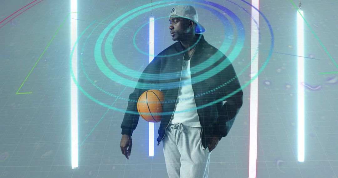 Futuristic Basketball Athlete with Holographic Interface