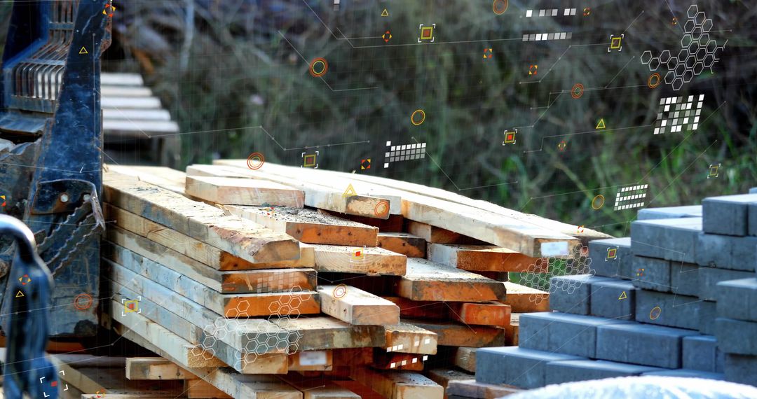 Digital Data Overlay with Wood and Bricks in Construction Scaffold