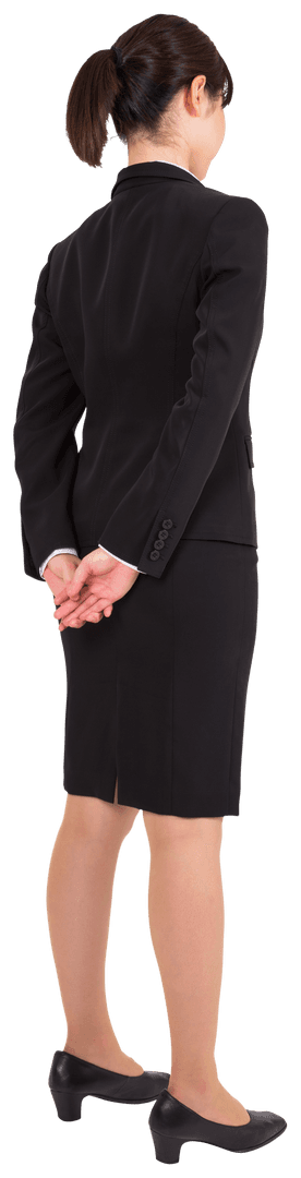 Transparent Background of Rear View Serious Asian Businesswoman in Suit Standing